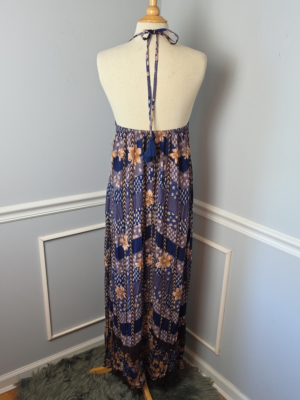 O'NEILL Blue Brown Floral Halter Open Back Side Slits Maxi Boho Summer Dress M - Picture 3 of 8